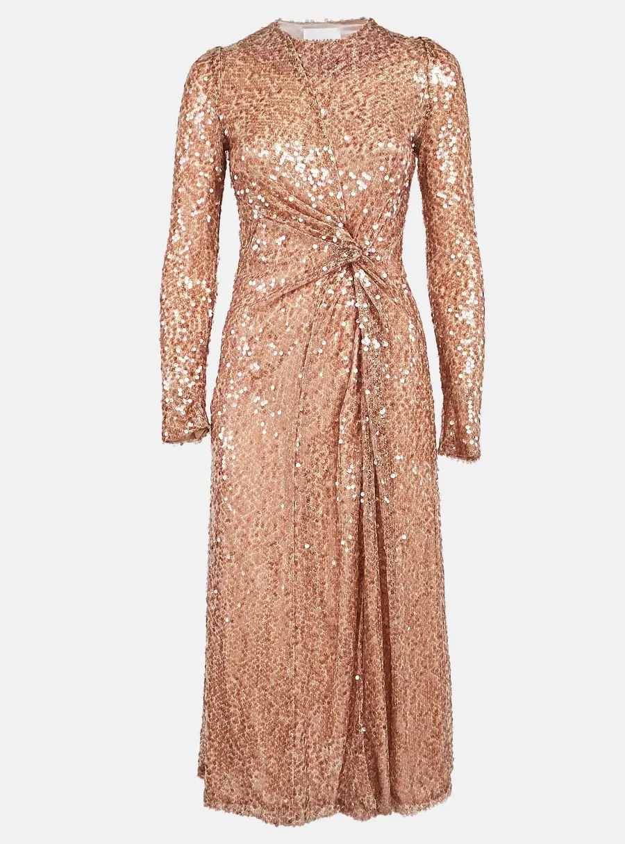 Galvan London Rose Gold Sequin Embellished Mesh Draped Midi Dress S