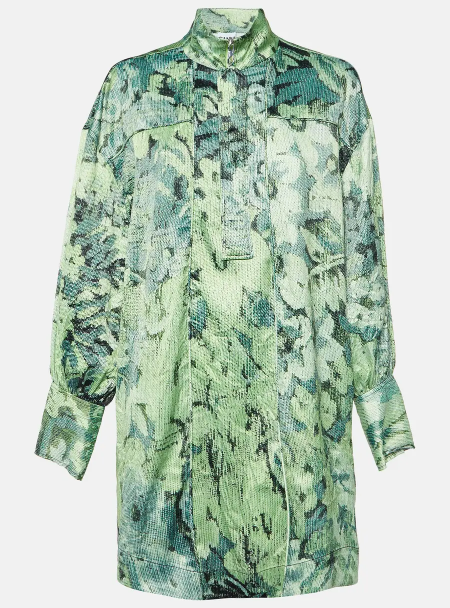 Ganni Green Abstract Floral Print Satin Mini Dress L