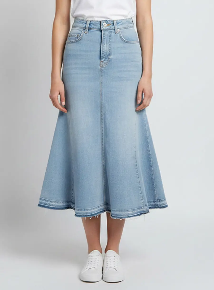Ganni Blue Tint Denim Flared Midi Skirt XS