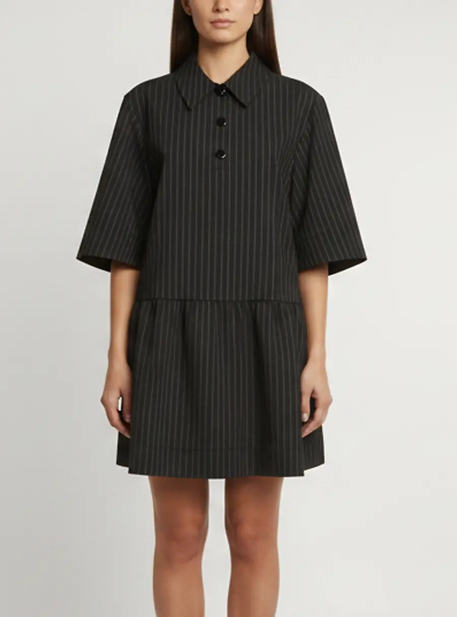 Ganni Black Pinstriped Synthetic Gathered Mini Dress XXL