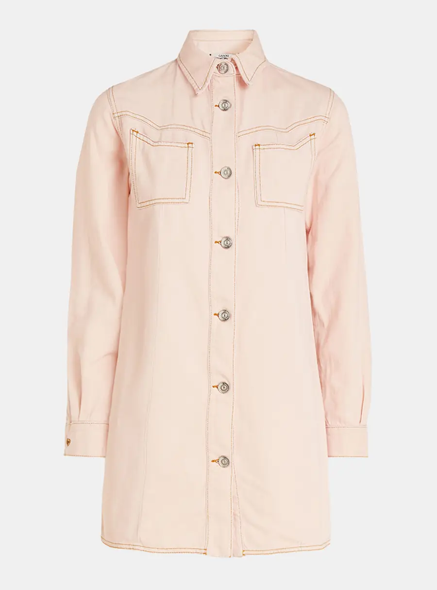 Ganni Pink Washed Kress Soft Denim Mini Shirt Dress M