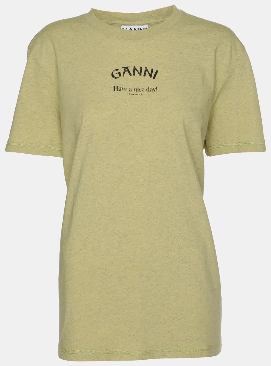 Ganni Leek Yellow Logo Print T-Shirt L