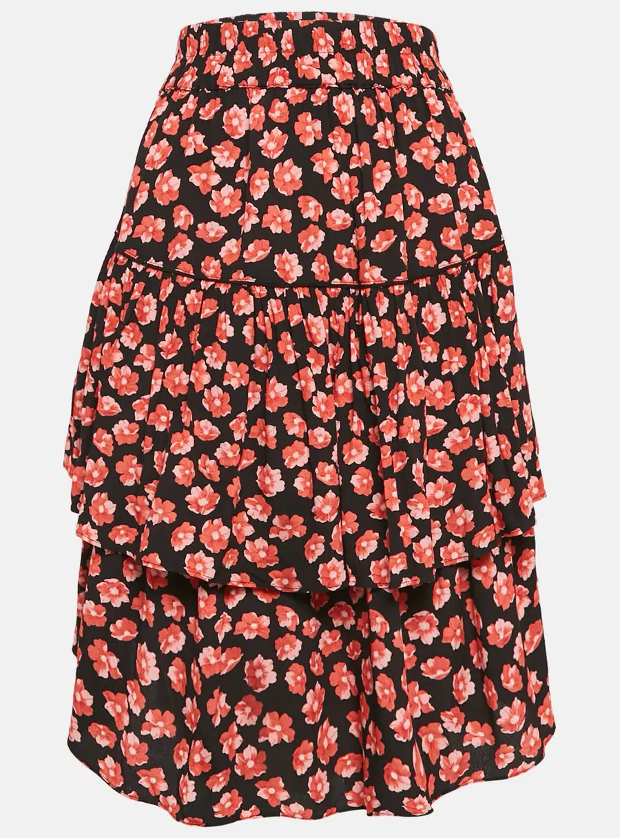 Ganni Black/Red Floral Print Lindale Crepe Tiered Short Skirt L