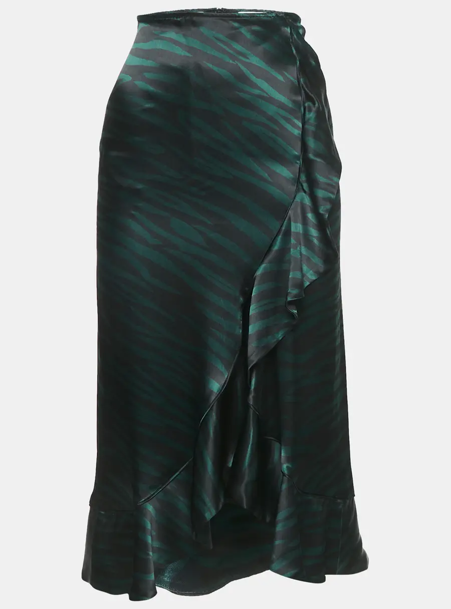 Ganni Black/Green Animal Print Satin Ruffled Midi Skirt XS