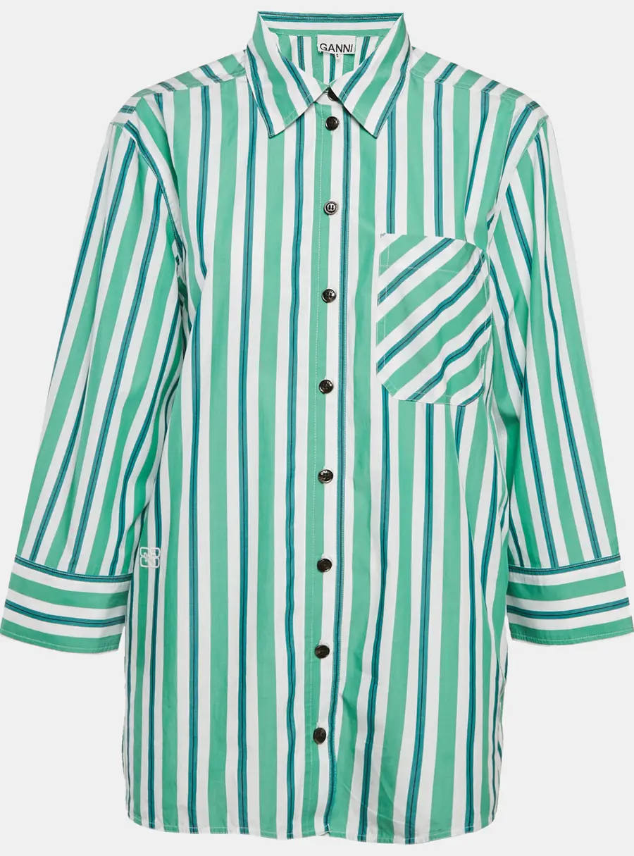 Ganni Green Striped Cotton Button Front Oversized Shirt S
