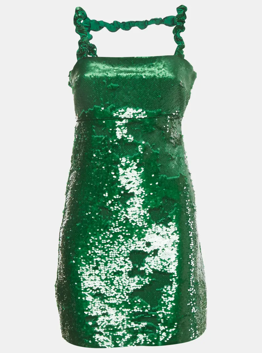 Ganni Green Sequin Twisted Sleeve Mini Dress XXS