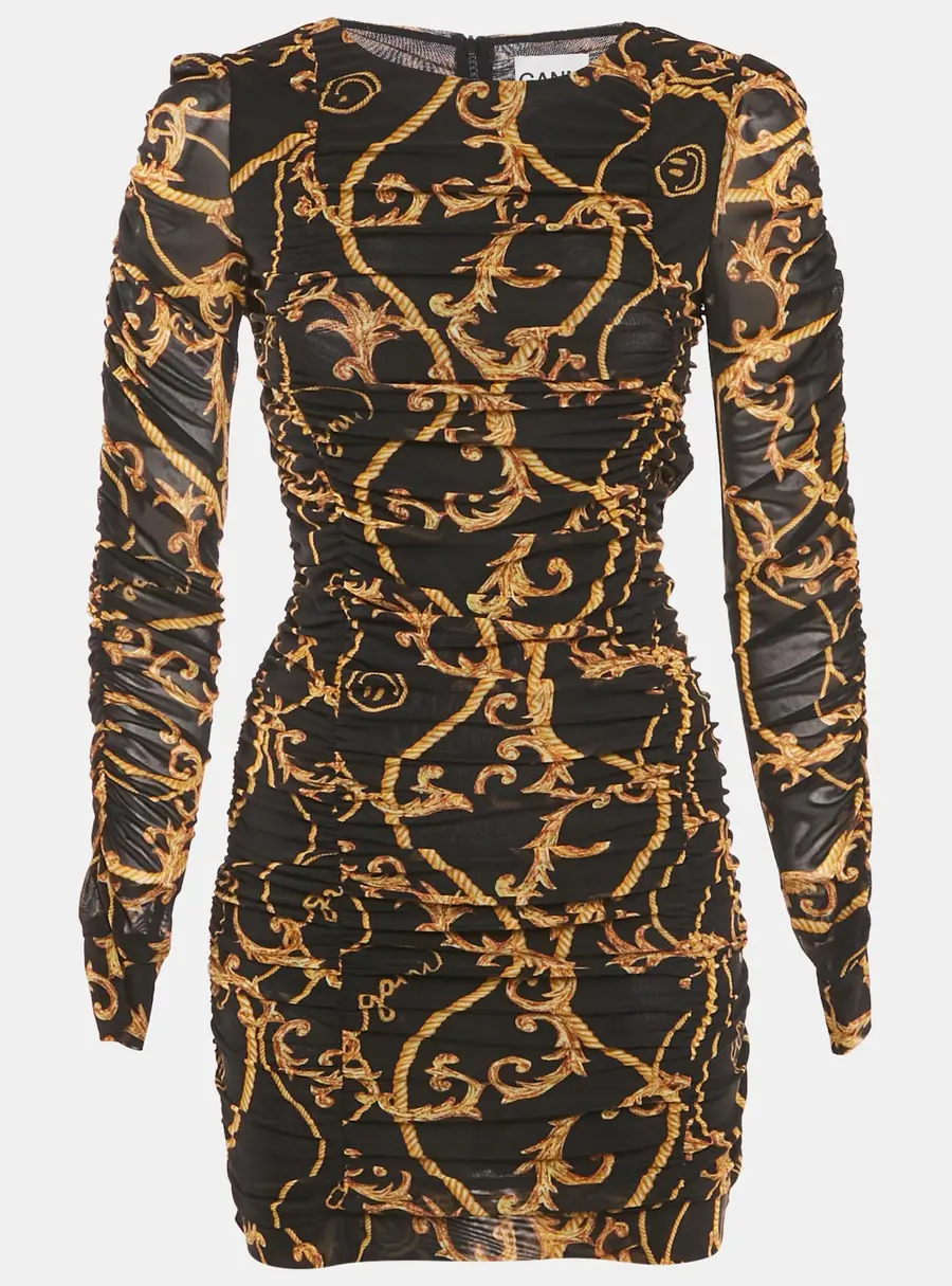 Ganni Black Printed Jersey Ruched Bodycon Mini Dress XS