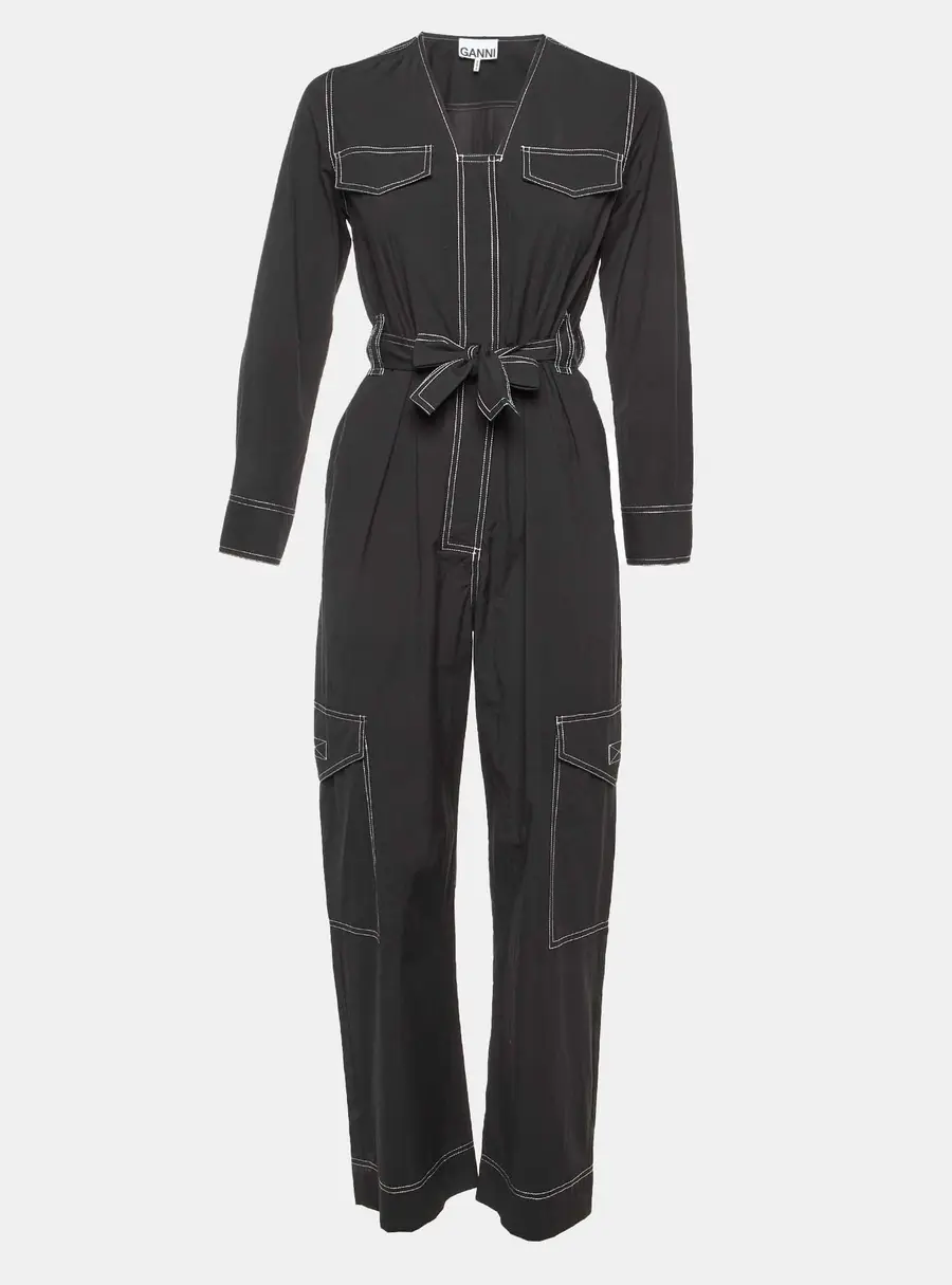 Ganni Black Cotton Blend Contrast Stitch Detail Belted Jumpsuit XS
