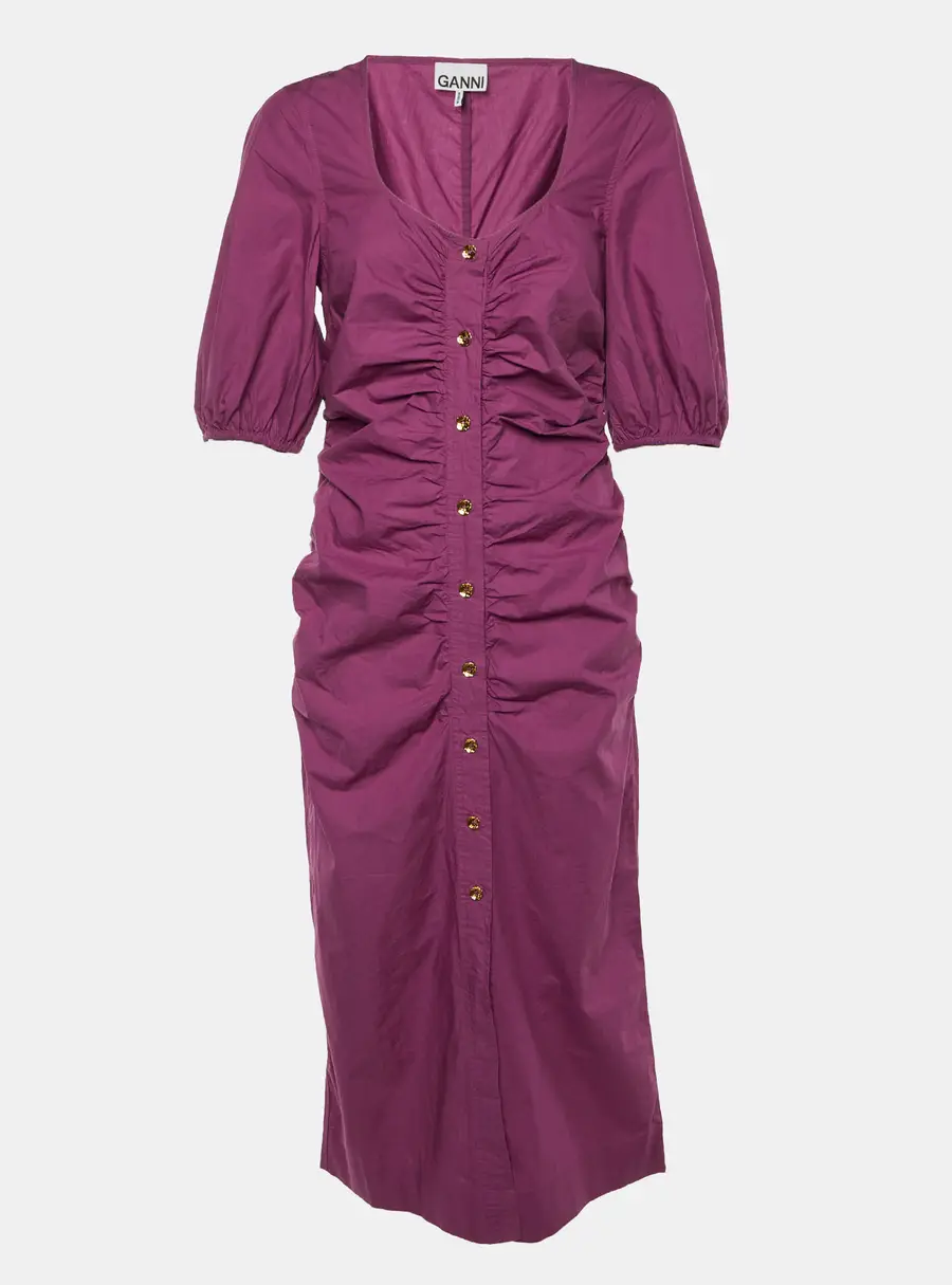 Ganni Purple Wine Cotton Ruched Midi Dress M