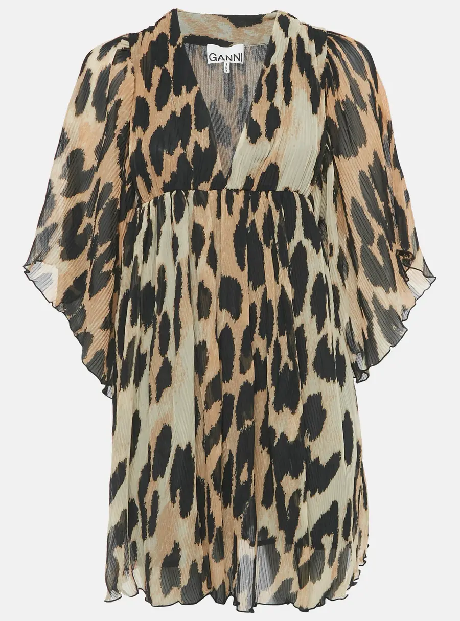 Ganni Brown Leopard Print Pliss&eacute; Crepe de Chine Mini Dress XXS/XS