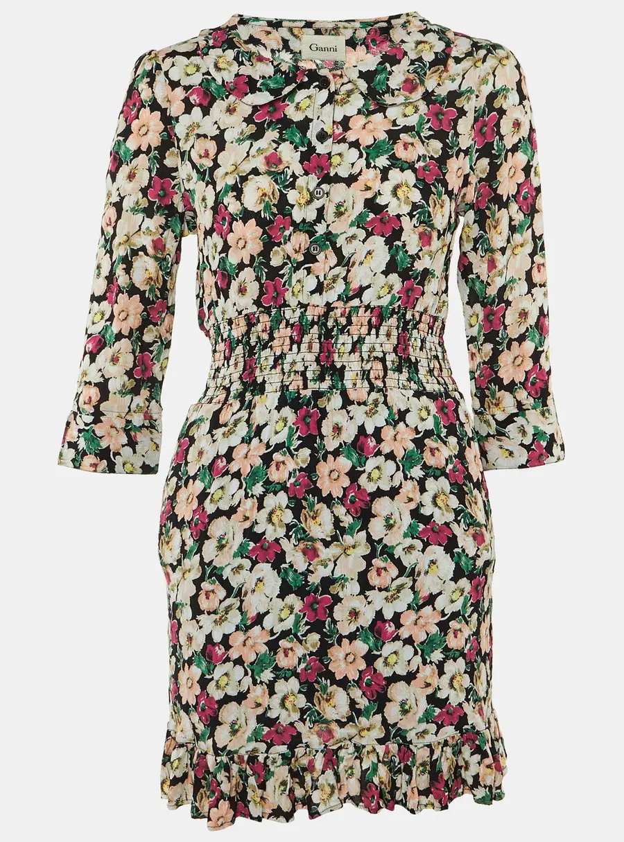 Ganni Black Floral Print Crepe Flounce Hem Dress L