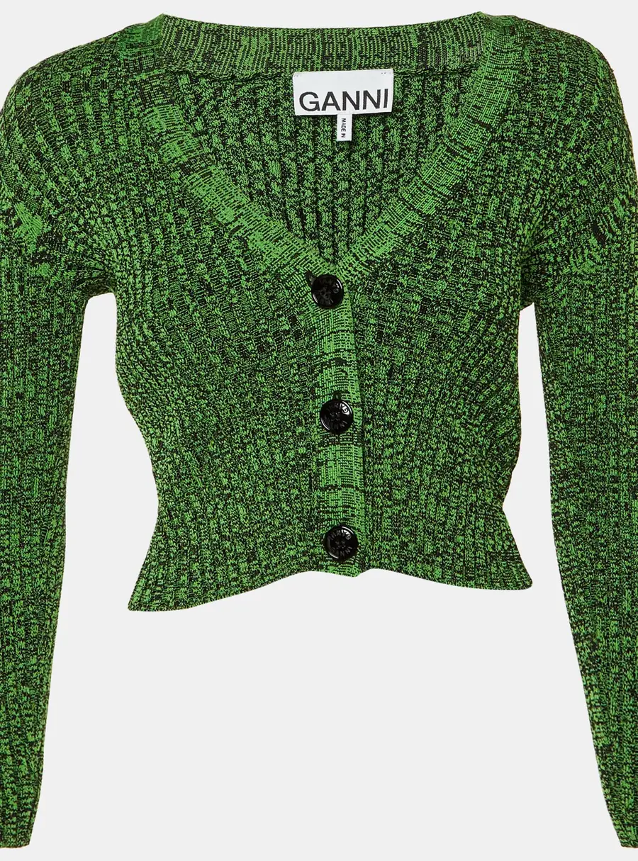 Ganni Green Rib Knit Button Front Cardigan XS