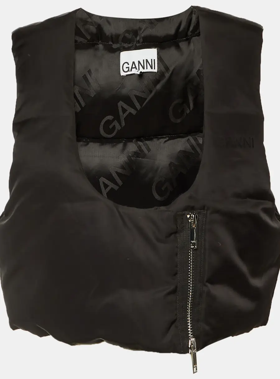 Ganni Black Padded Asymmetric Cropped Vest L