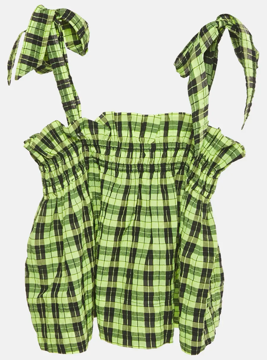 Ganni Neon Green/Black Checks Cotton Blend Shirring Top S