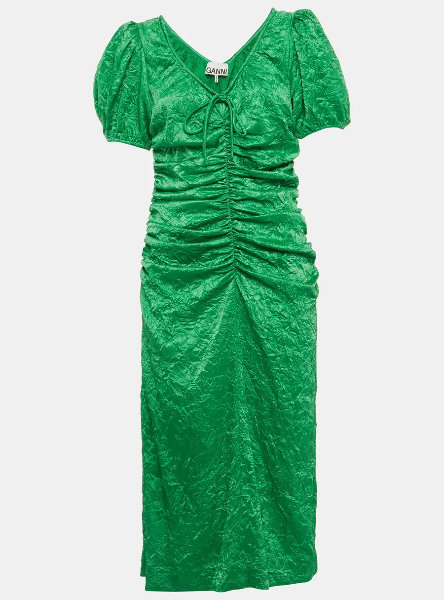 Ganni Green Crinkled Satin Ruche Detail Midi Dress M