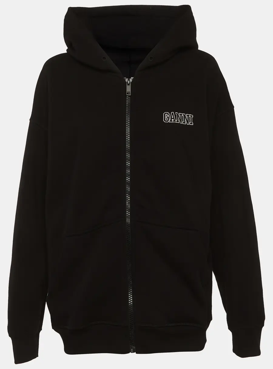 Ganni Black Logo Embroidered Cotton Zip-Up Hoodie L