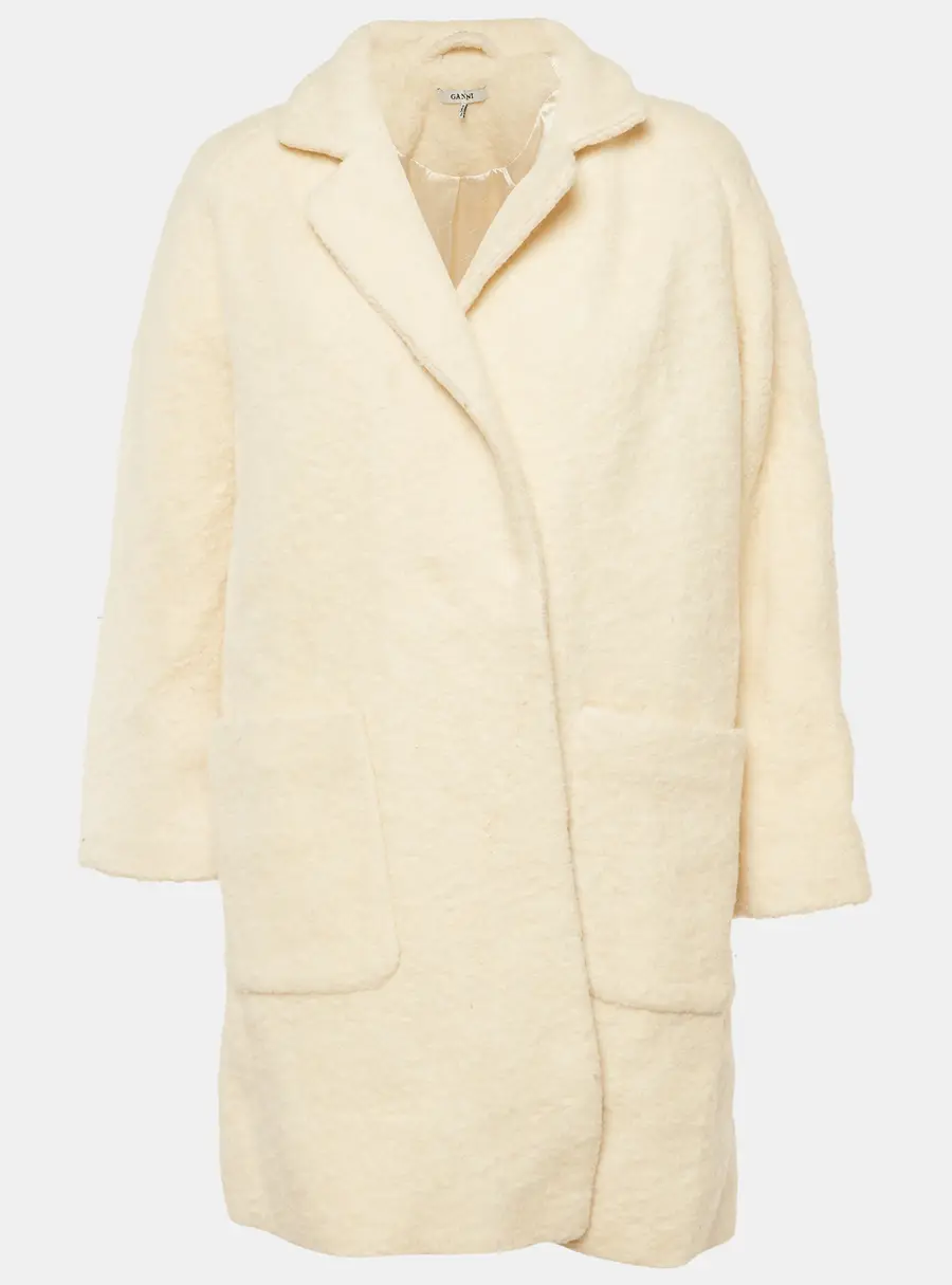 Ganni Cream Fleece Wool Double Breasted Coat L