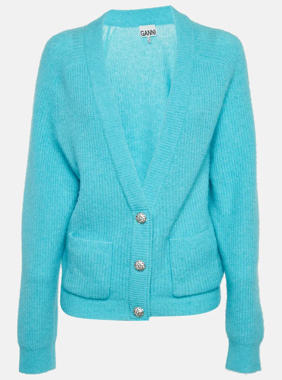 Ganni Sky Blue Rib Knit Embellished Cardigan L