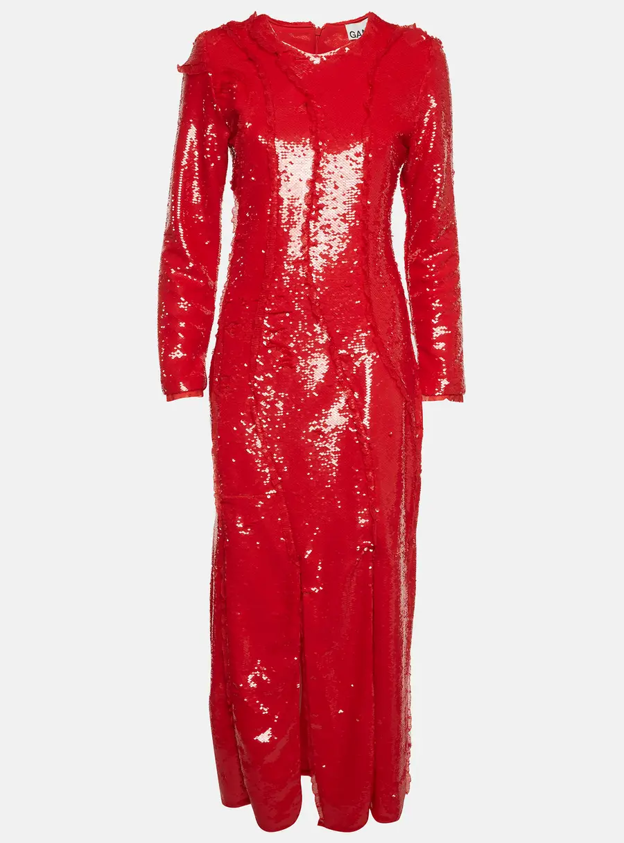 Ganni Red Sequins Cutline Maxi Dress S