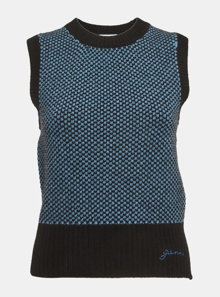 Ganni Blue/Black Rib Knit Sweater Vest XS