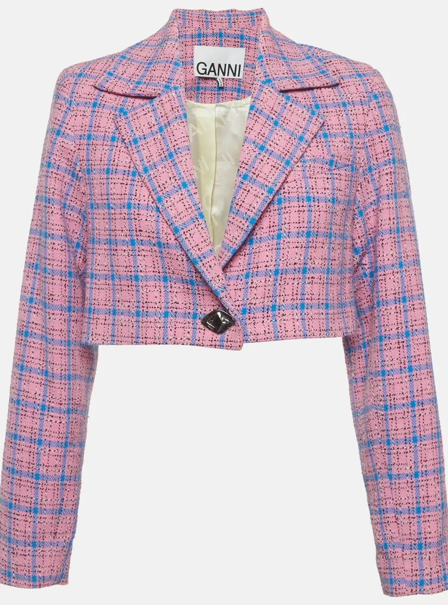 Ganni Pink/Blue Tweed Check Cropped Blazer S
