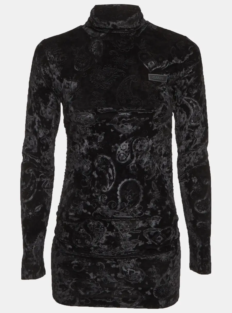 Ganni Black Velour Ruched High Neck Top XS