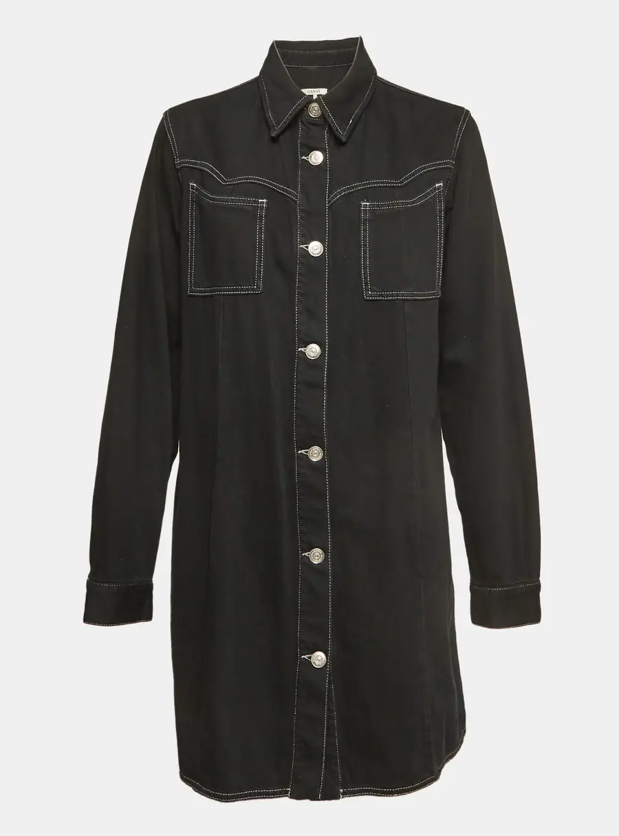 Ganni Black Kress Soft Denim Button Down Shirt Dress L
