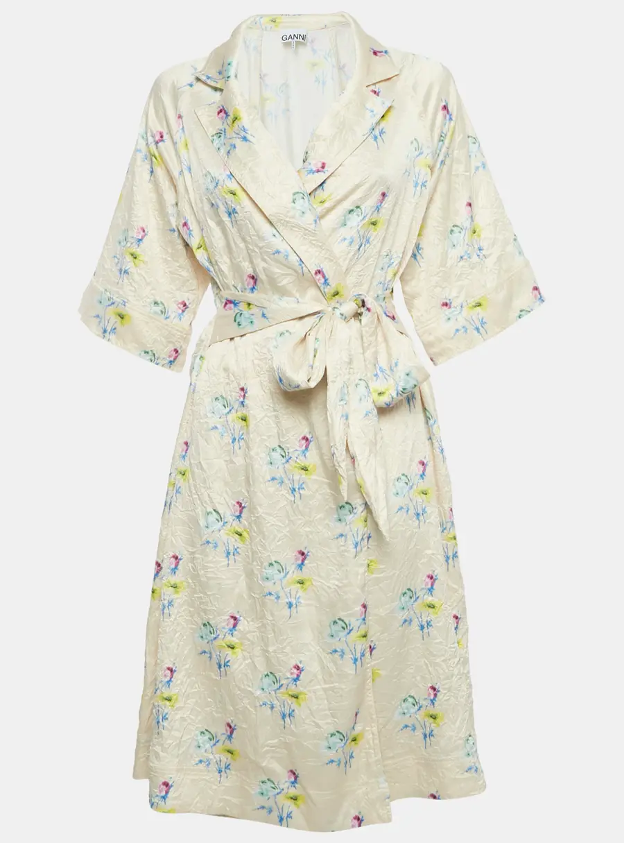 Ganni Cream Floral Print Satin Crinkled Wrap Dress M