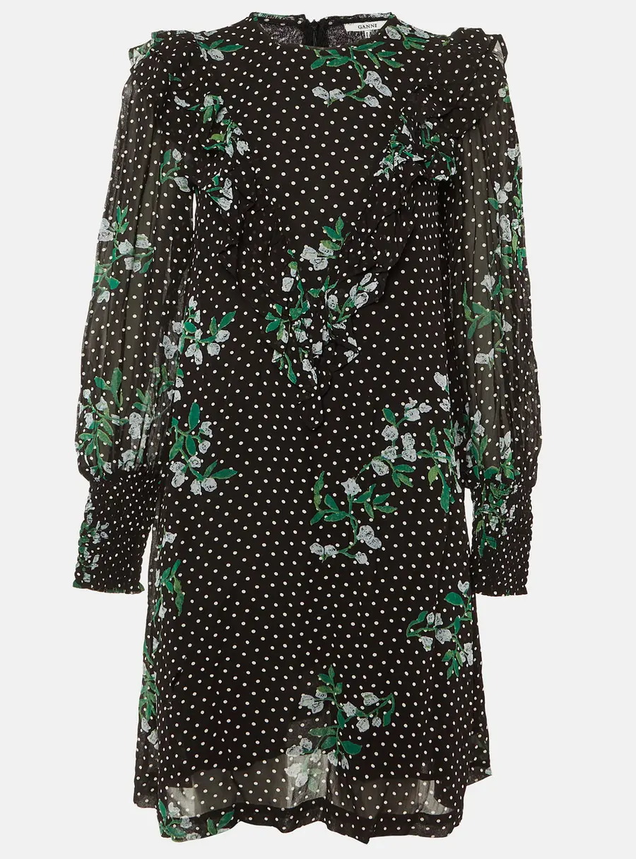 Ganni Black Polka Dot Floral Printed Chiffon Mini Dress S