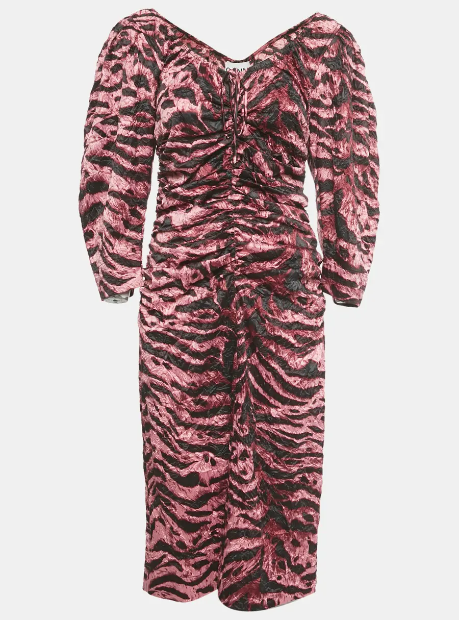 Ganni Pink /Black Zebra Print Crepe Ruched Midi Dress L