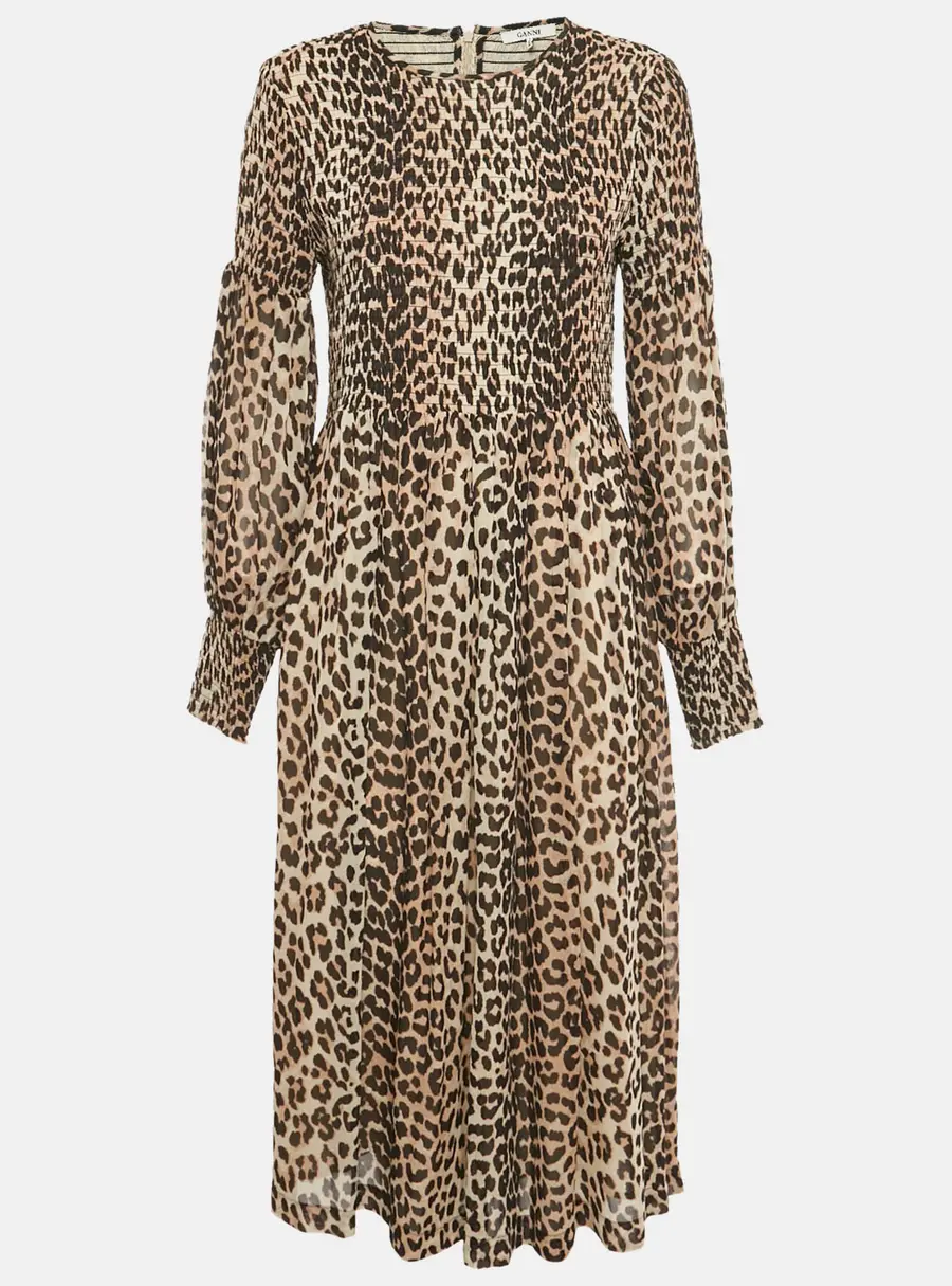 Ganni Brown/Black Animal Print Crepe Midi Dress L