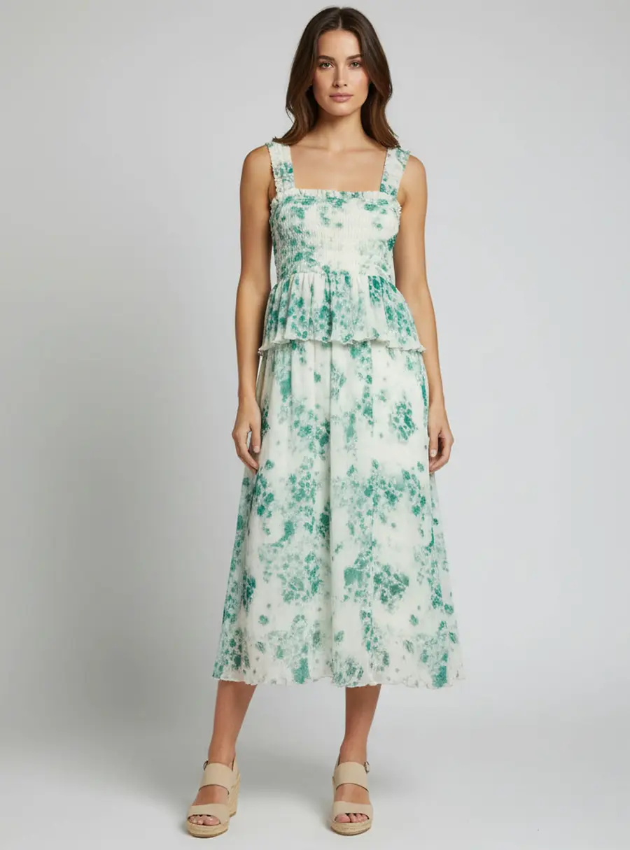 Ganni Green Printed Georgette Plisse Smocked Midi Dress XXS