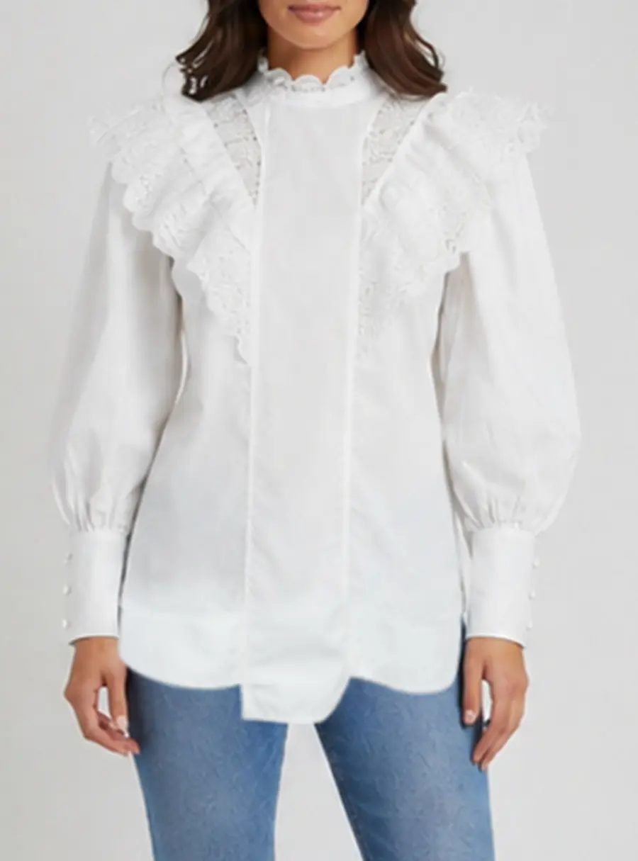 Ganni White Cotton and Lace Trim Ruffled High Neck Blouse S