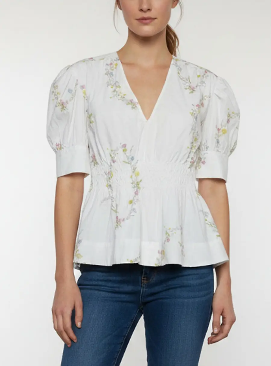 Ganni White Floral Print Cotton Peplum Top M