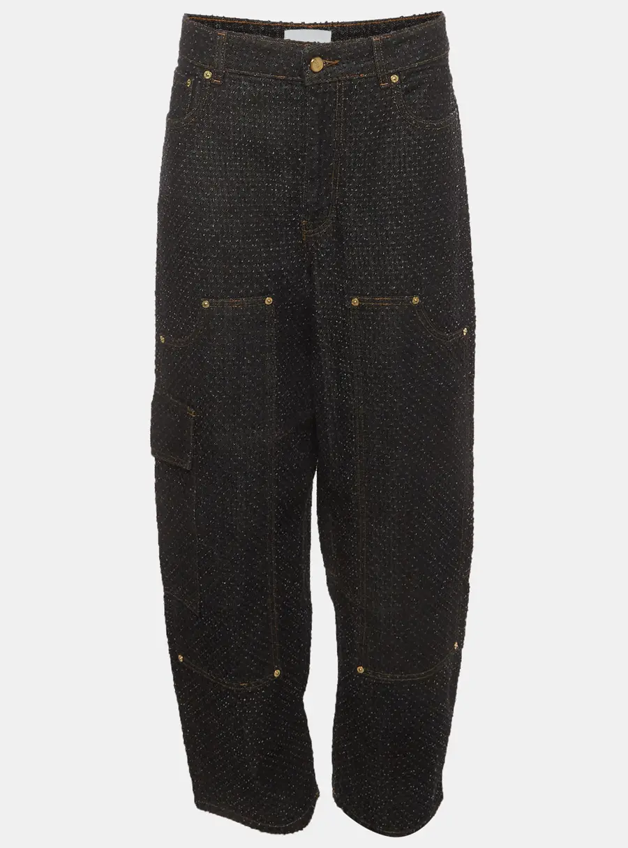 Ganni Black Textured Denim Wide Leg Pants L /Waist 35"