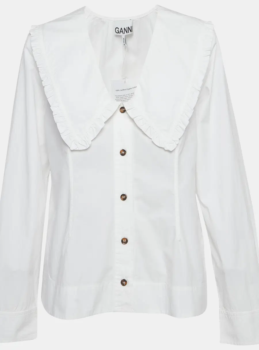 Ganni White Cotton Wide Ruffled Trim Collar Shirt S