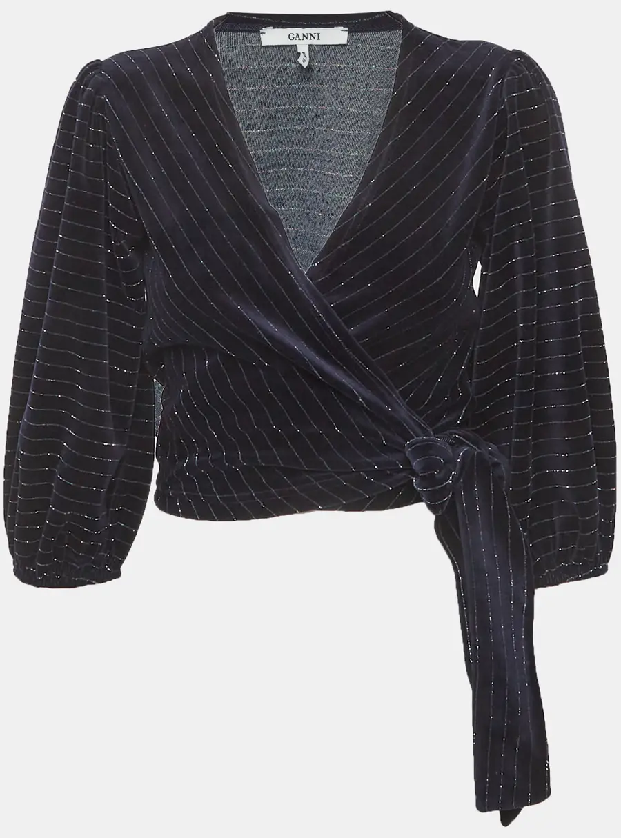 Ganni Navy Blue Striped Velvet Wrap Top XS