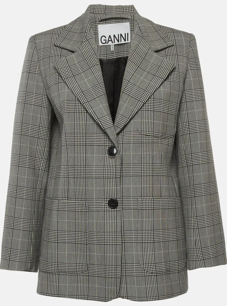 Ganni Black/White Plaid Print Wool Blend Regular Fit Blazer M