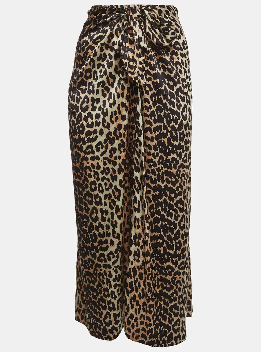 Ganni Black/Brown Leopard Print Silk Knot Detail Skirt S