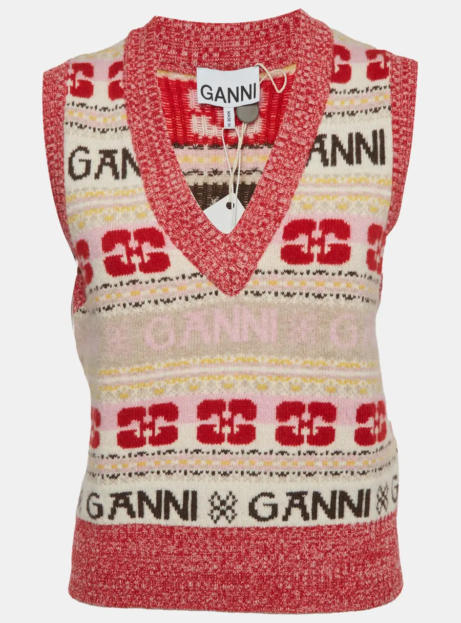 Ganni Pink Intarsia Wool Knit V-Neck Sweater Vest S