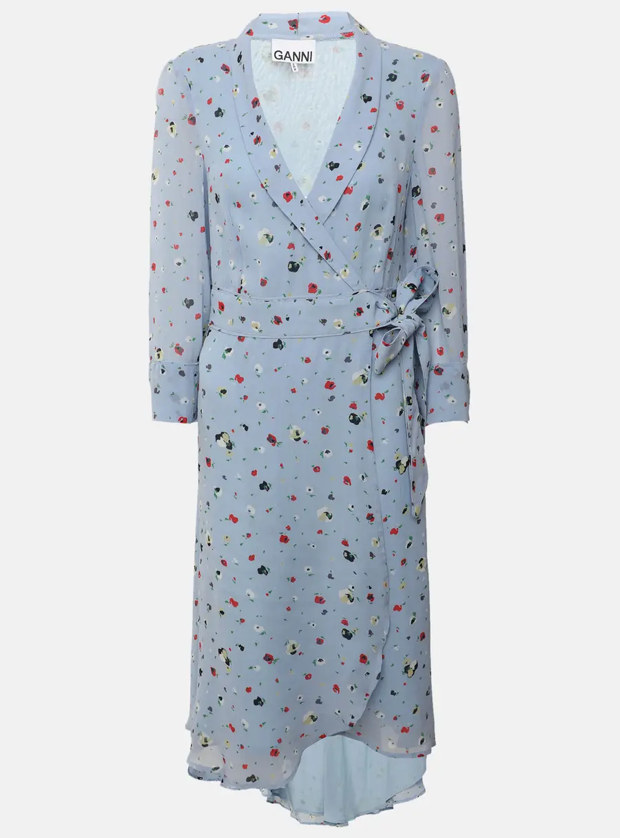 Ganni Blue Multicolor Printed Knit Wrap Dress XXS