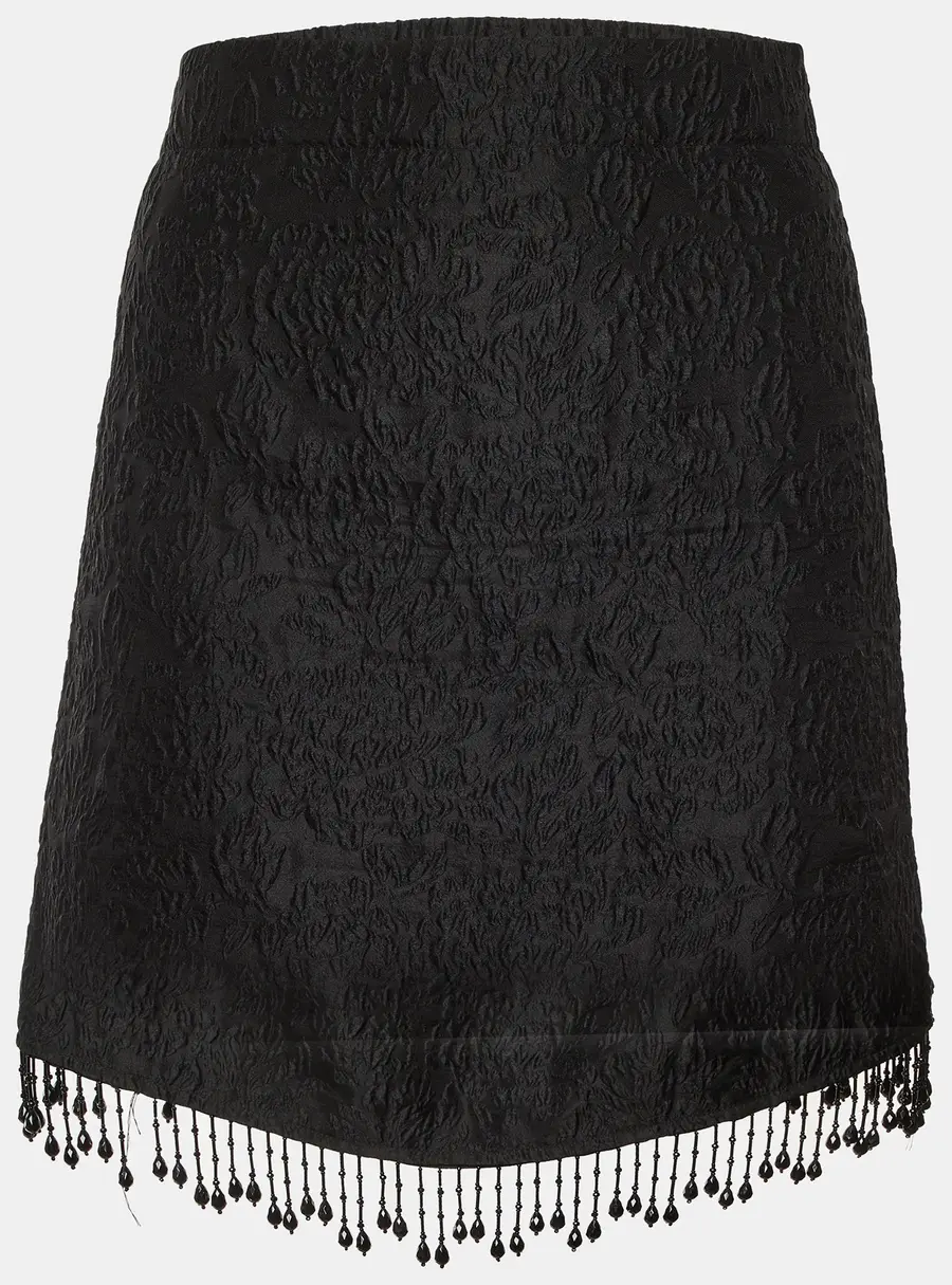 Ganni Black Jacquard Bead Fringed Mini Skirt L