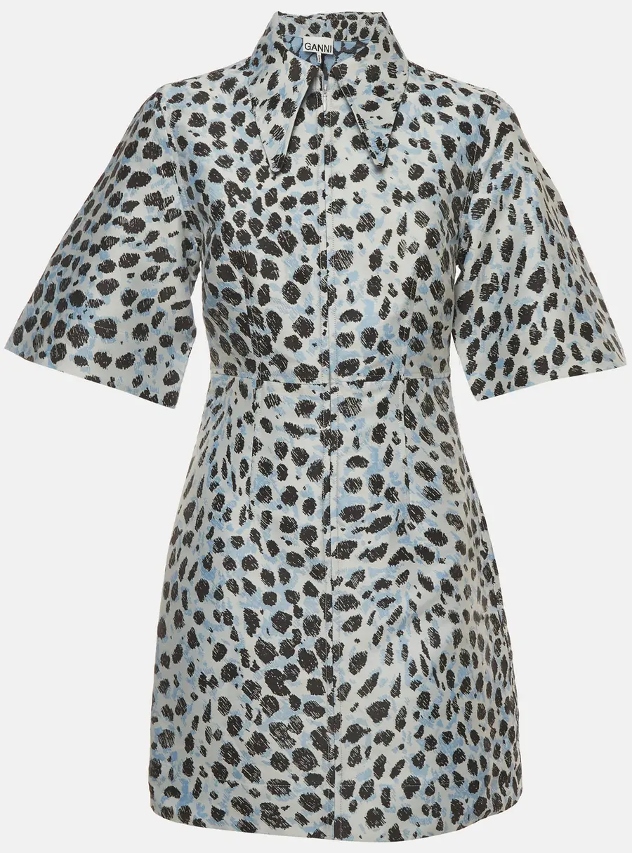 Ganni Blue Leopard Jacquard Collared Zip-Up Mini Dress XS