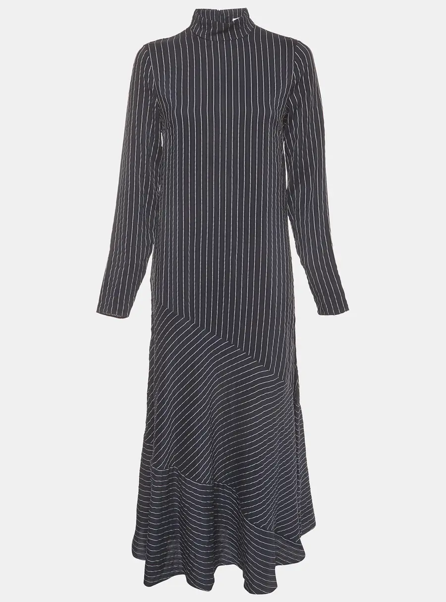 Ganni Navy Blue Striped Seersucker Long Sleeve Maxi Dress M