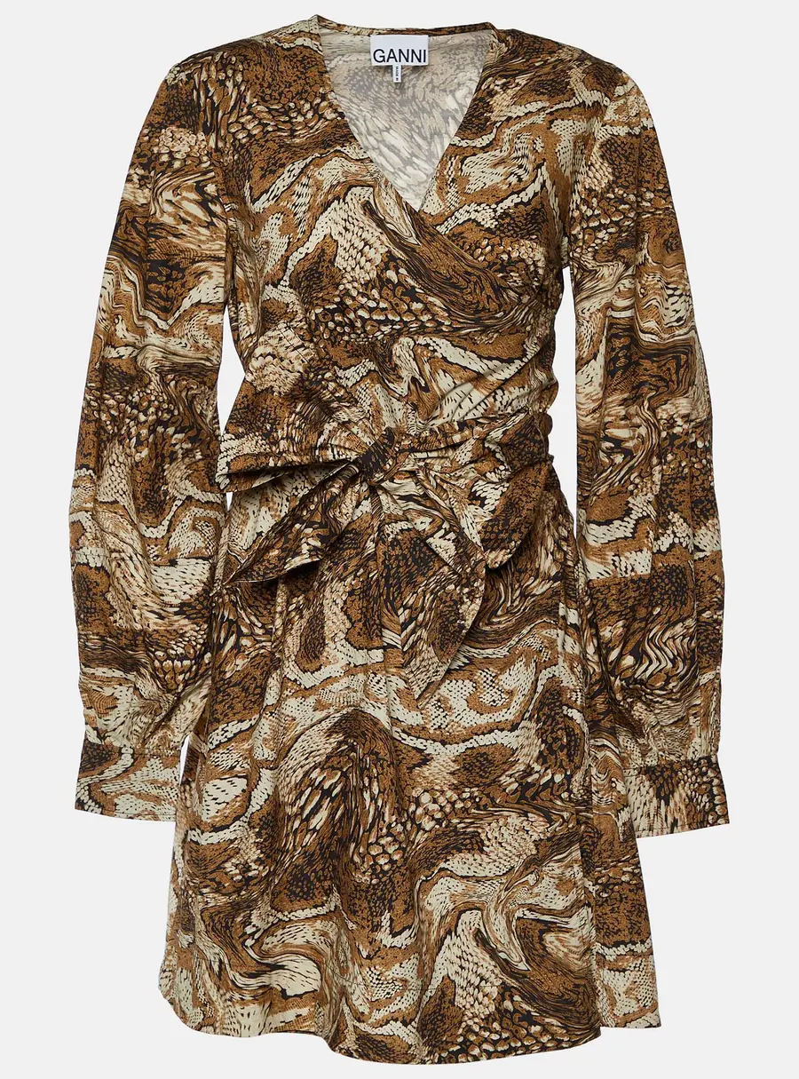 Ganni Brown Abstract Print Poplin Wrap Dress S