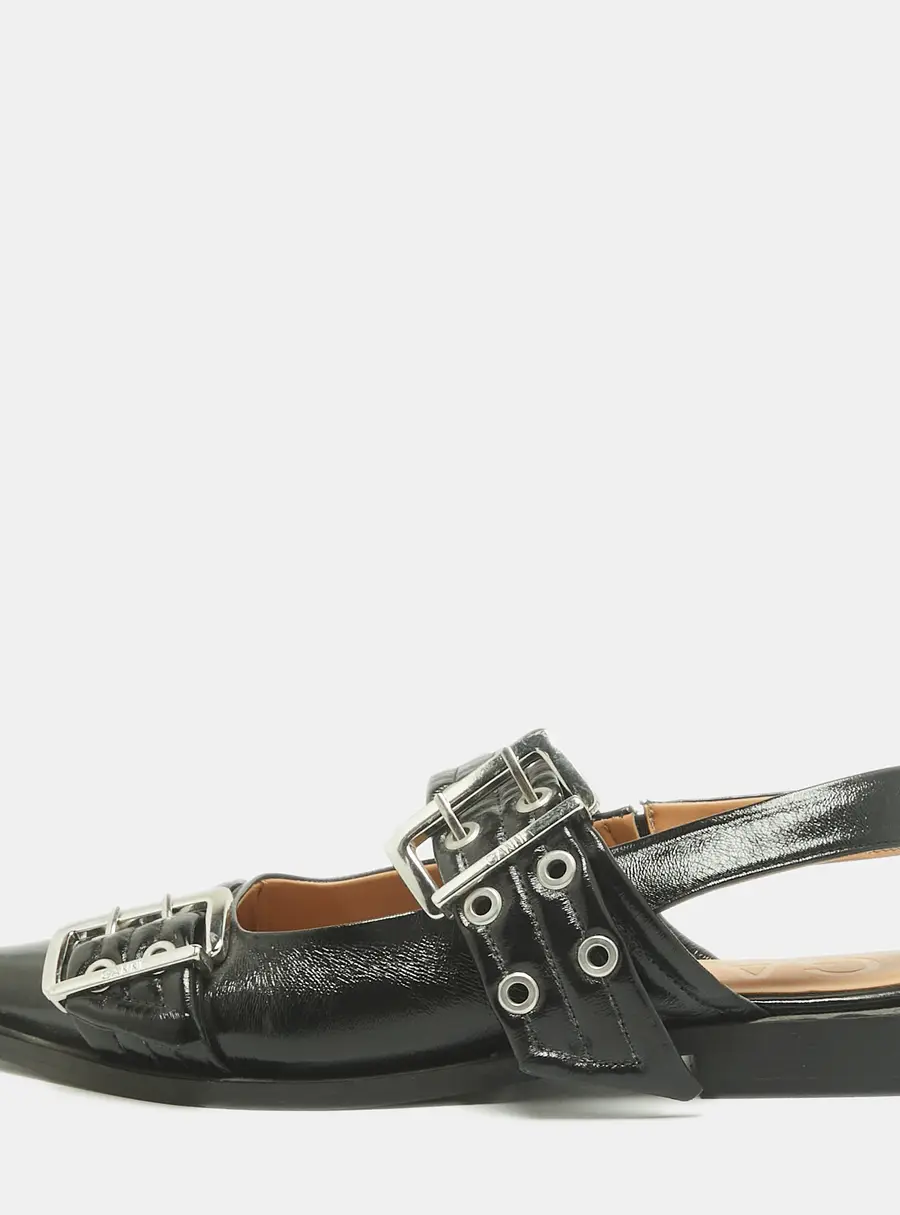 Ganni Size 41 Black Leather Buckle Slingback Flats