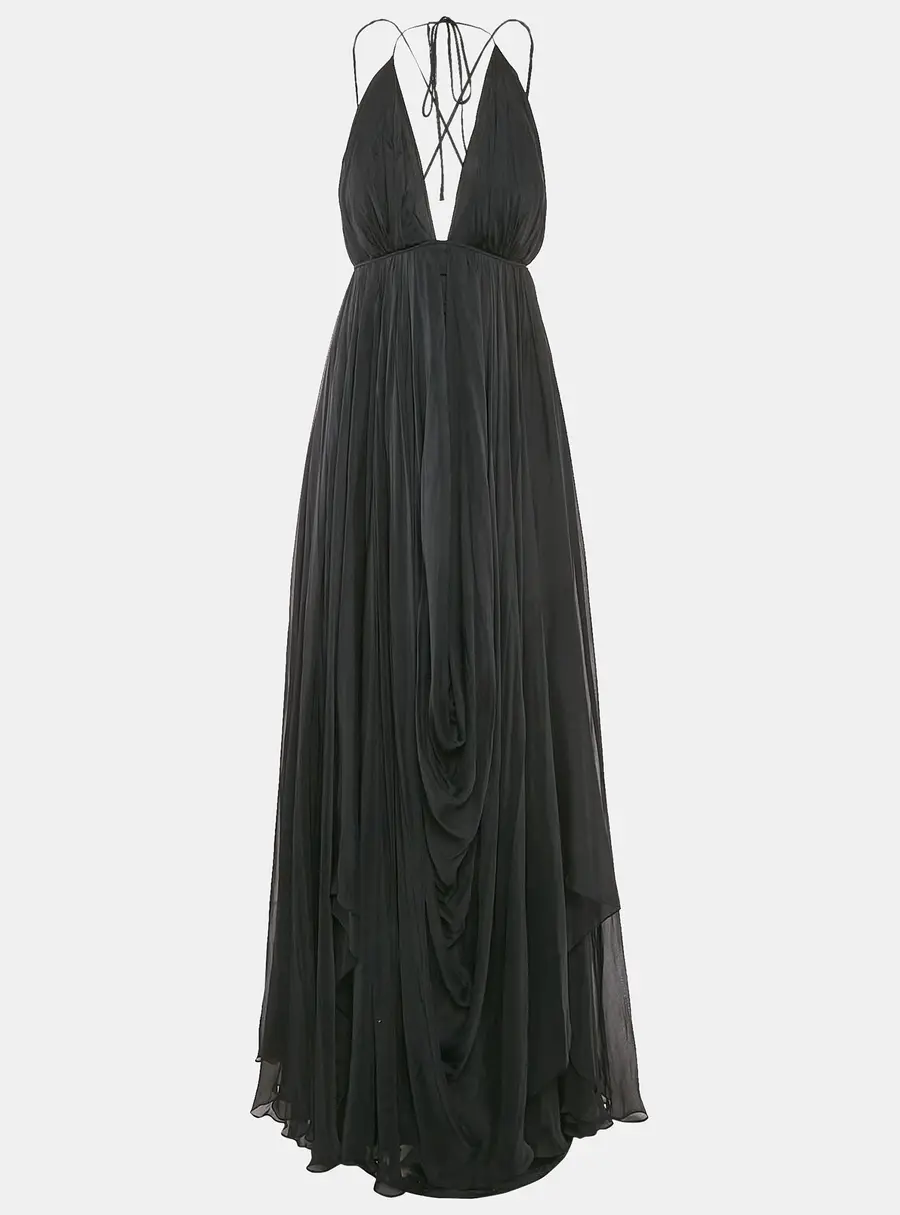 Gauri & Nanika Black Chiffon Draped Maxi Dress M