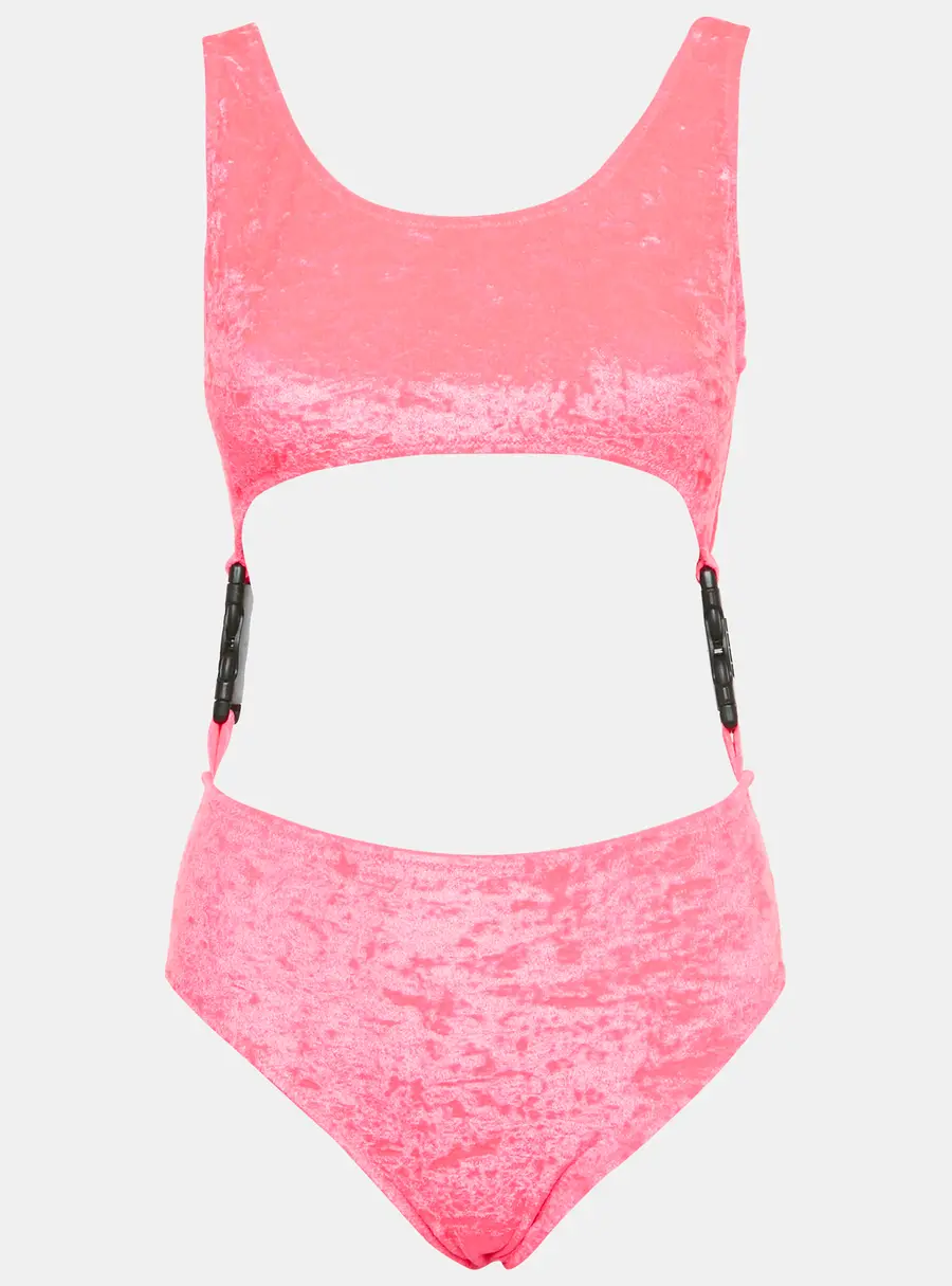 GCDS Pink Velvet Cut-Out Buckle Detail Swimsuit M