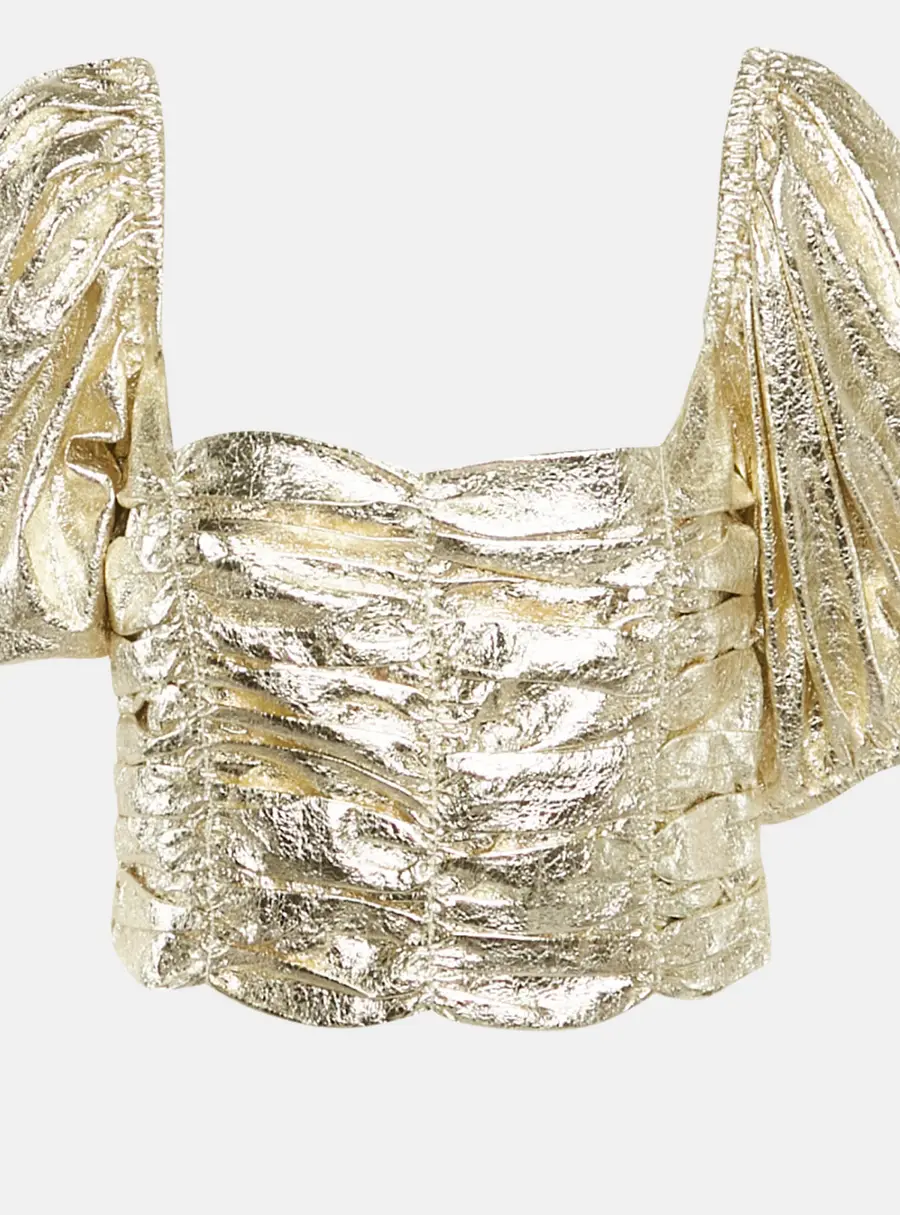 Georgia Alice Metallic Lamé Ruche Puff Sleeve Vegas Crop Top M