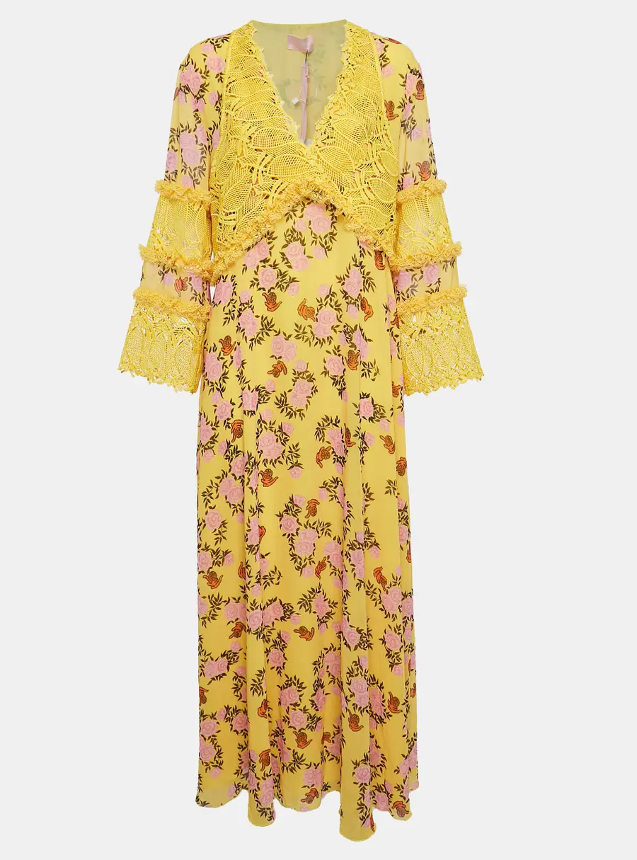 Giamba Yellow Floral Print Chiffon and Lace Cut-Out Maxi Dress M